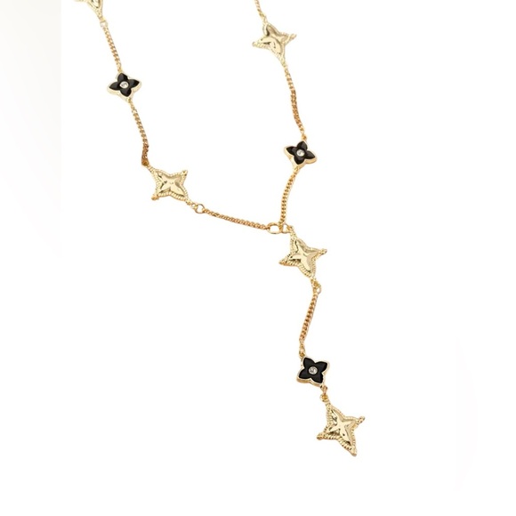 18k Gold and Black Flower Lucky Clover Y-Drop Necklace Waterproof, Tarnishproof - Picture 4 of 5